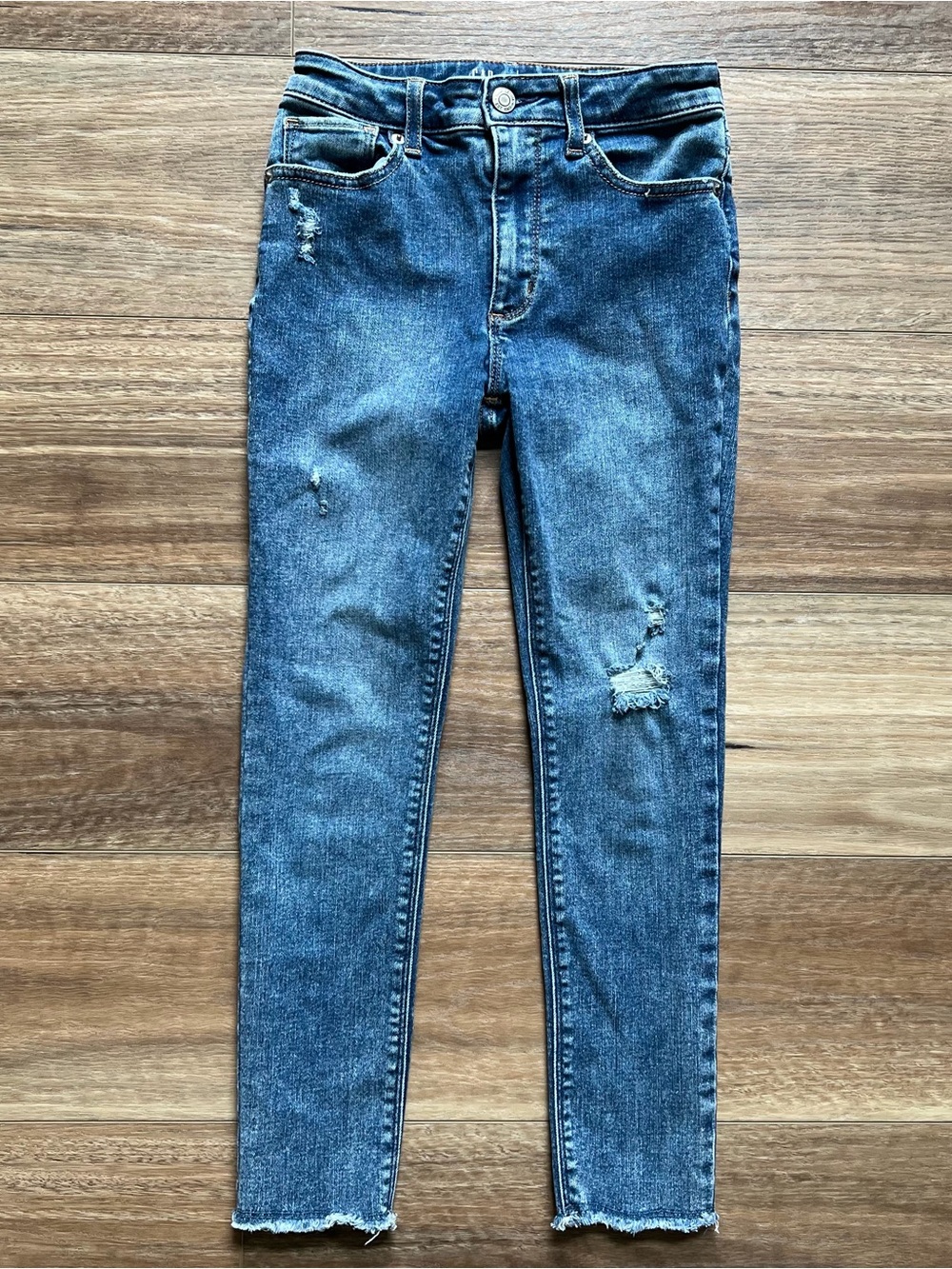GAP Kids Distressed high rise ankle jeggings, Denim Blue, freyed hem girls 10